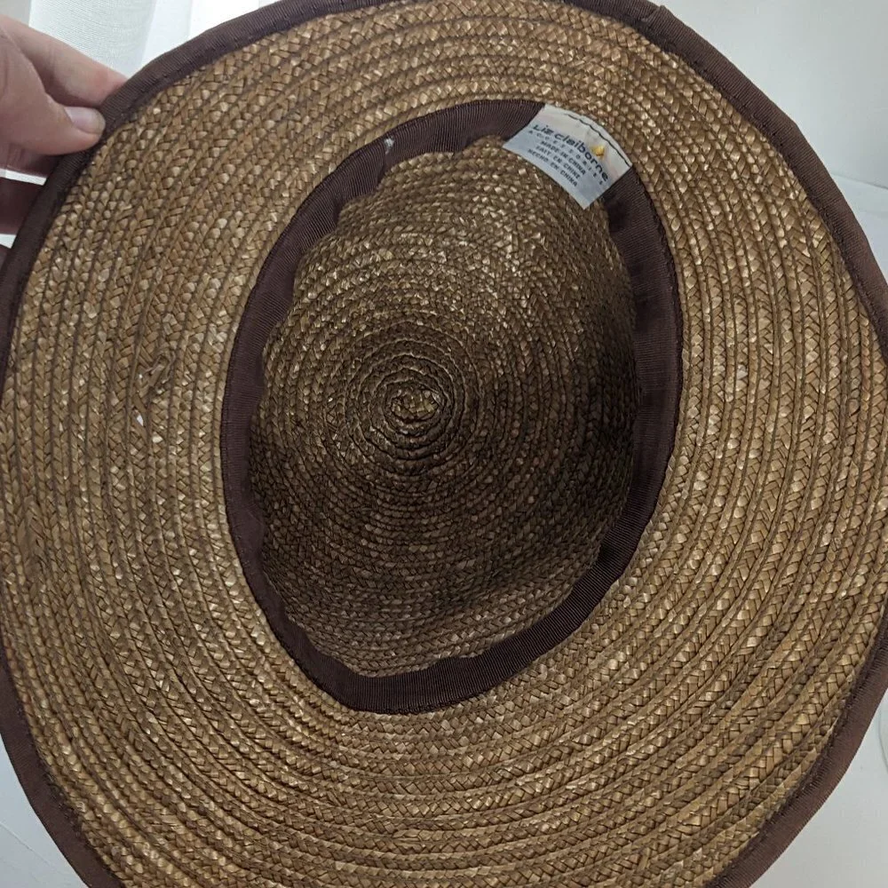 Vintage Liz Claiborne Straw Hat, High Low Brown Fabric Trim‎ Sun Beach - Picture 7 of 9